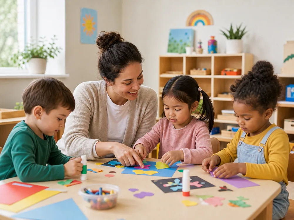 Fictional childcare educator helping preschool children with a classroom craft