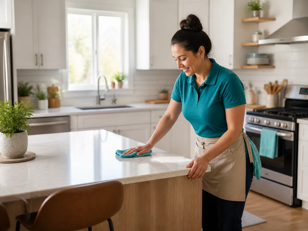 Fictional cleaning professional working in a bright residential kitchen